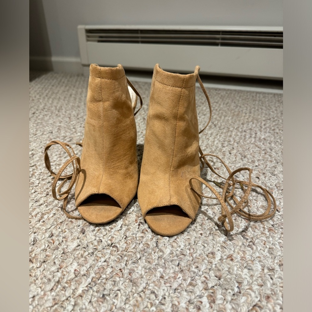 Tan suede slinky high heels with wrap tie ankle